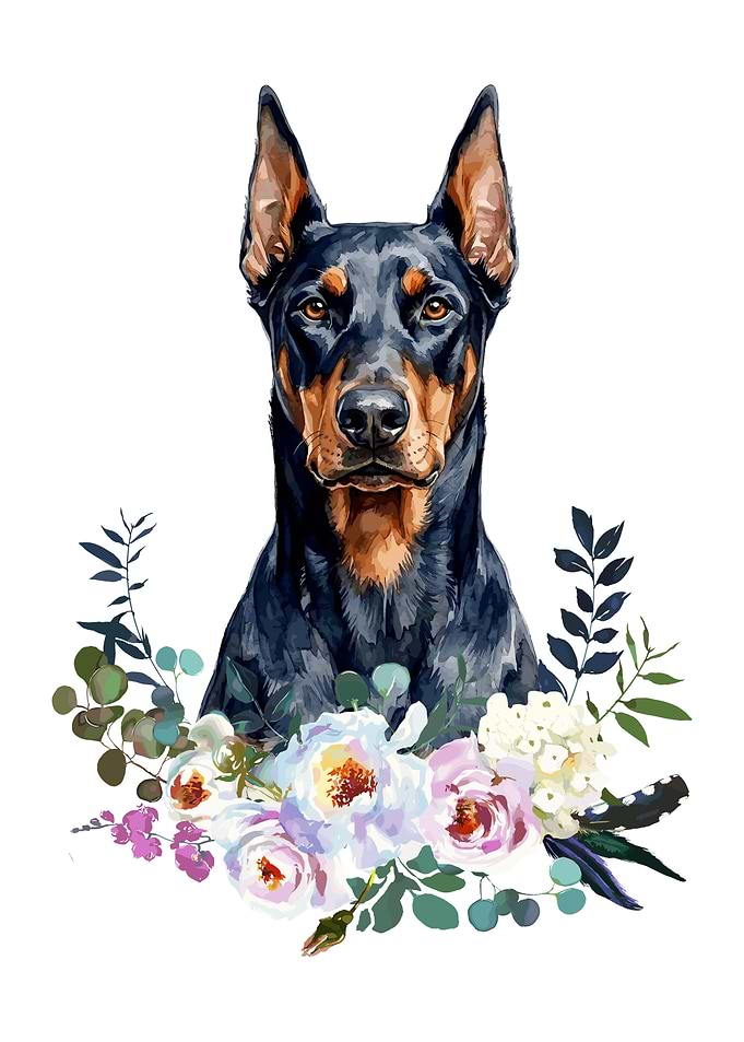 Doberman with Floral Arrangement