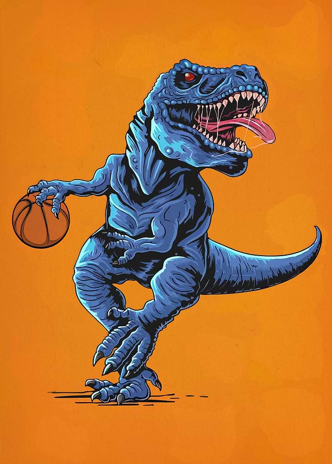 Blue T-Rex Playing Basketball