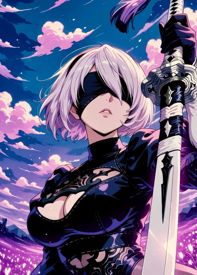 2B with Sword Under Pink Clouds