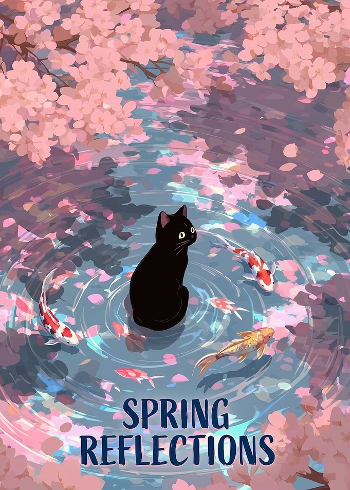 Black Cat and Koi Fish in Cherry Blossom Pond