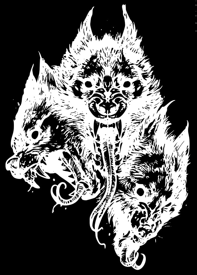Three-headed monstrous wolf creature