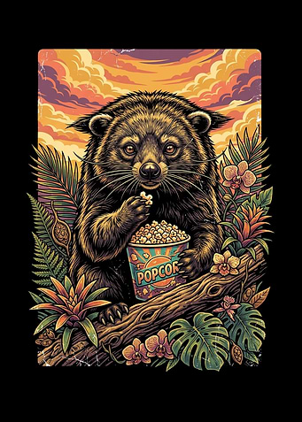 Raccoon Eating Popcorn in Tropical Setting