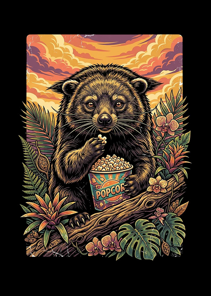 Raccoon Eating Popcorn in Tropical Setting