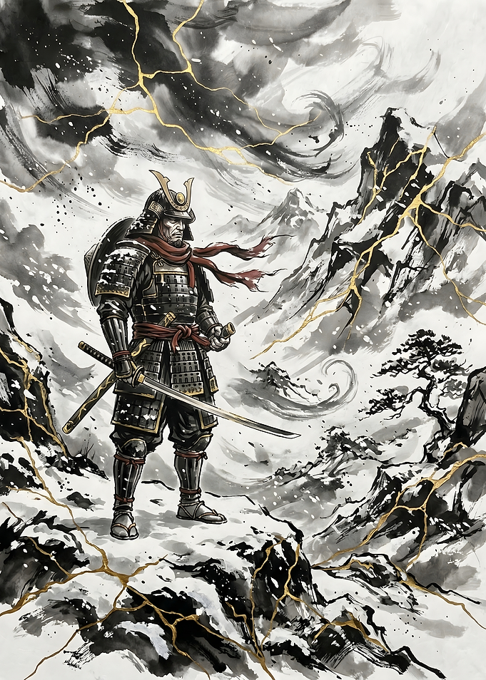 Samurai in a Snowy Mountain Landscape