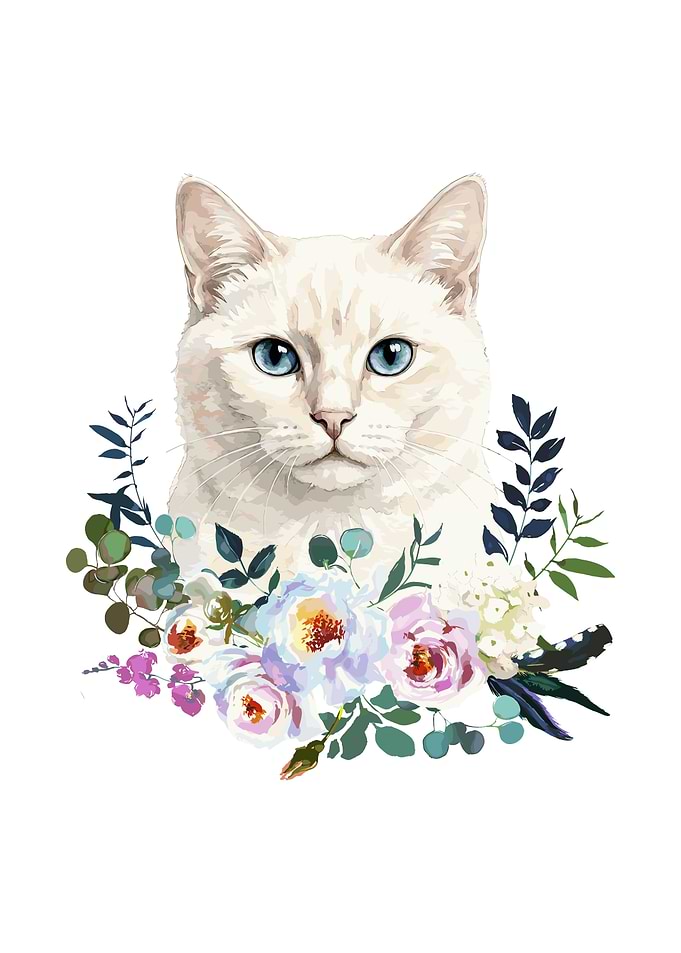 White Cat with Blue Eyes and Flowers