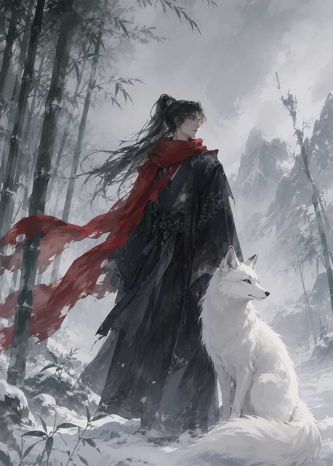 Man and White Fox in Snowy Bamboo Forest