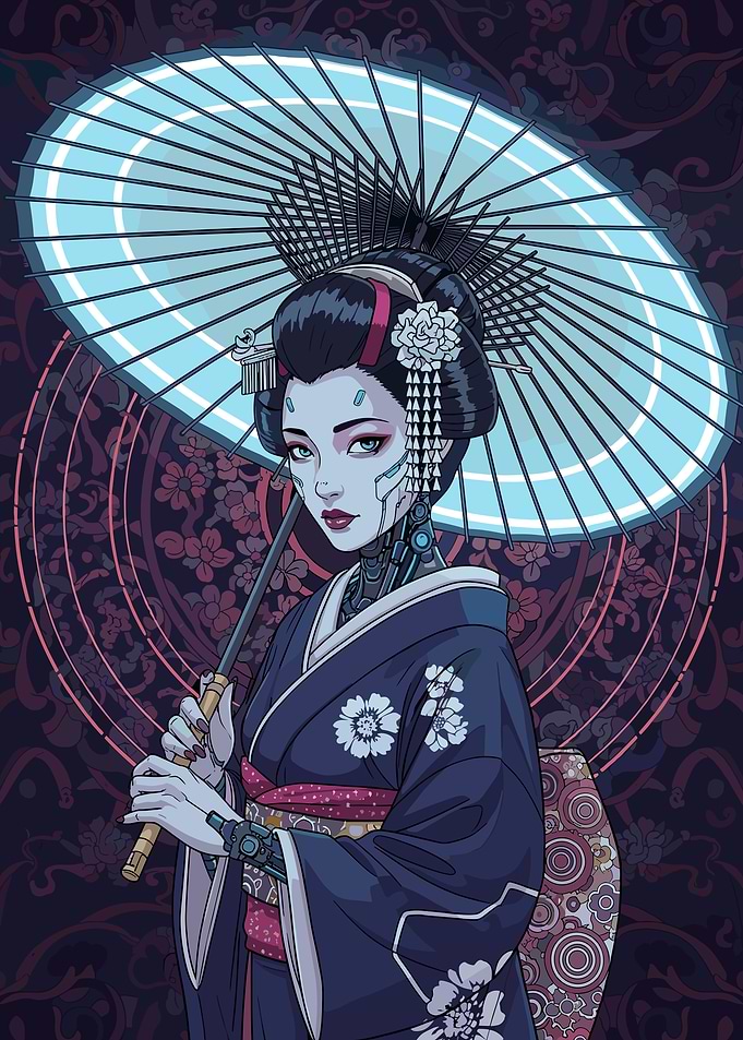 Cyberpunk Geisha with Umbrella