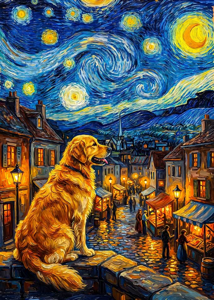 Golden Retriever in Starry Night Cityscape