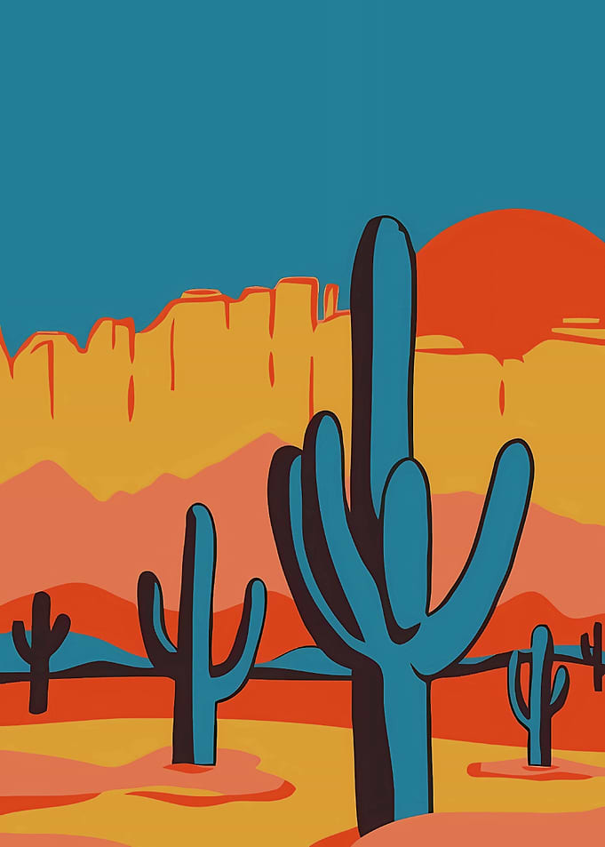 Desert Landscape with Cacti and Mountains