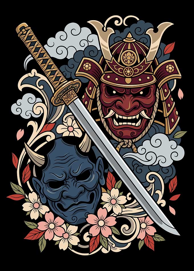 Samurai and Oni Masks with Katana
