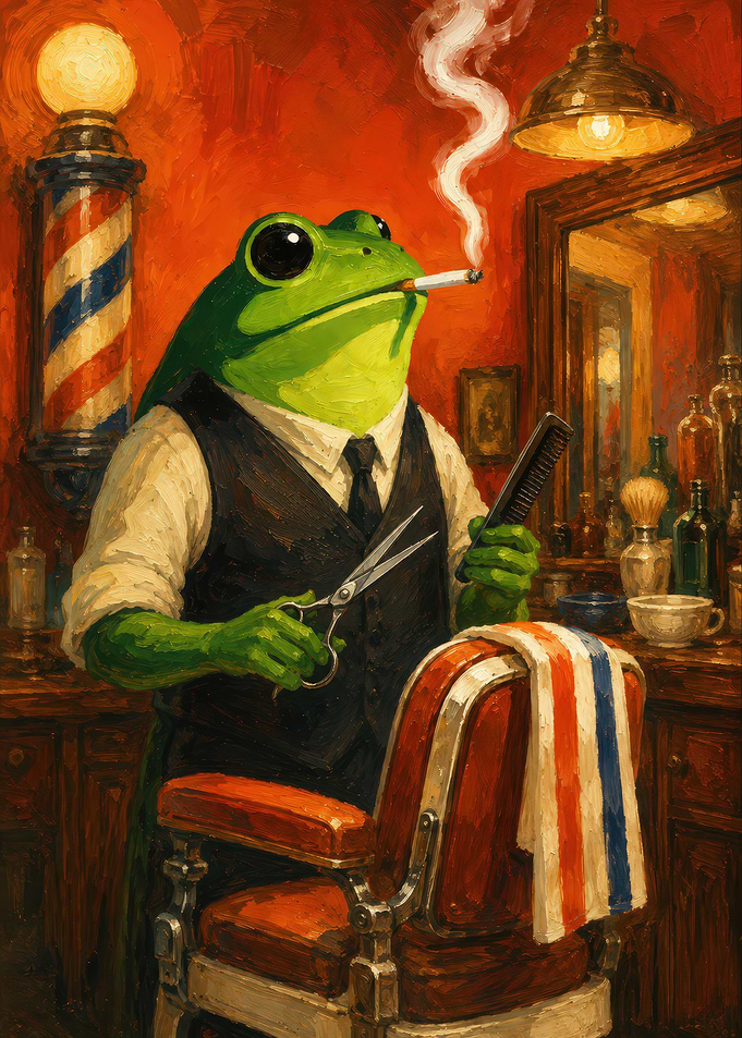 Frog Barber Smoking in Barbershop
