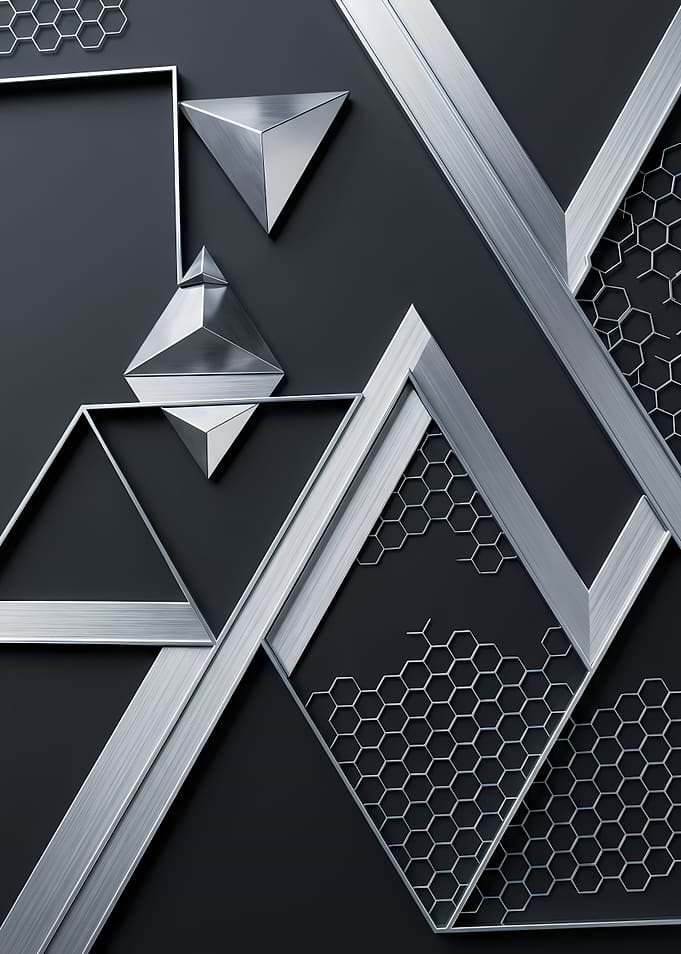 Abstract metallic geometric composition with futuristic black and silver.