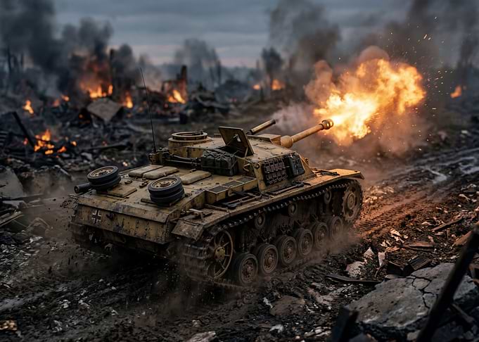 Tank firing in a war-torn landscape