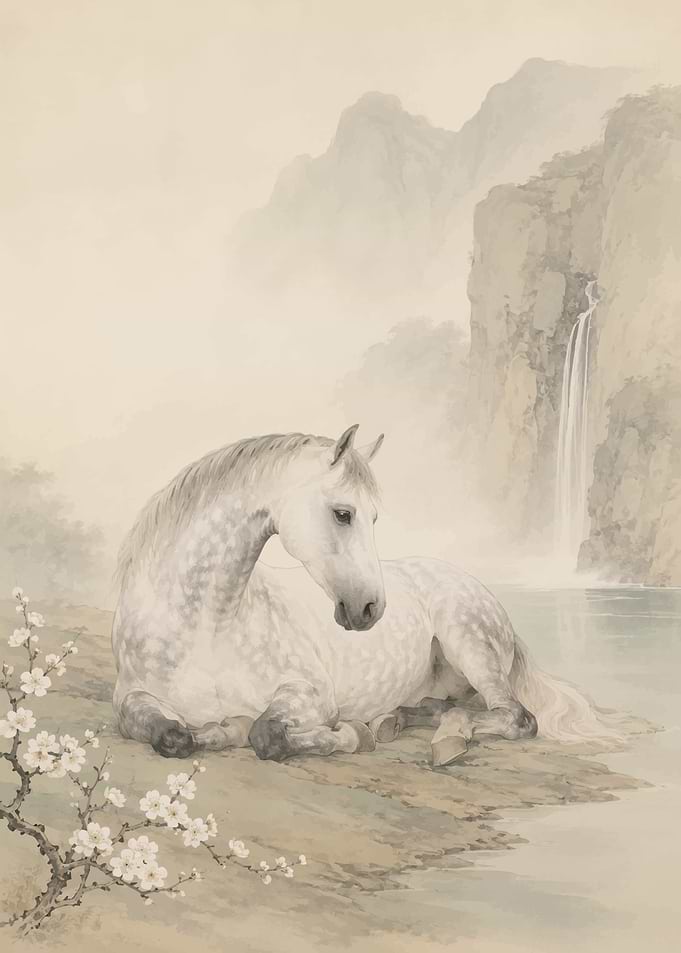 Serene Horse by Waterfall