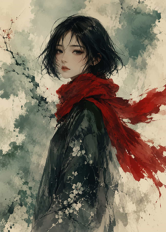 Woman in Red Scarf and Floral Kimono