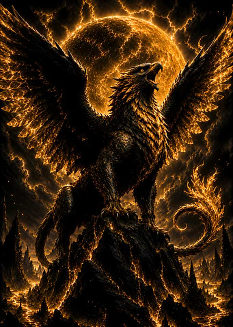 Fiery Griffin on a Volcanic Peak