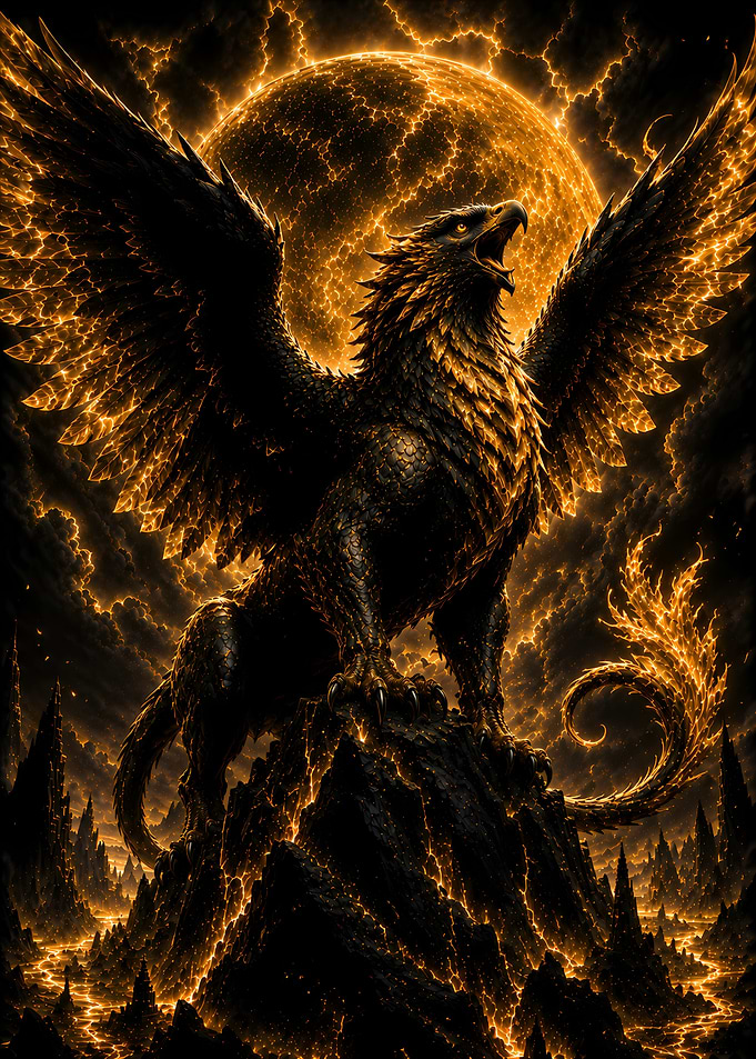 Fiery Griffin on a Volcanic Peak
