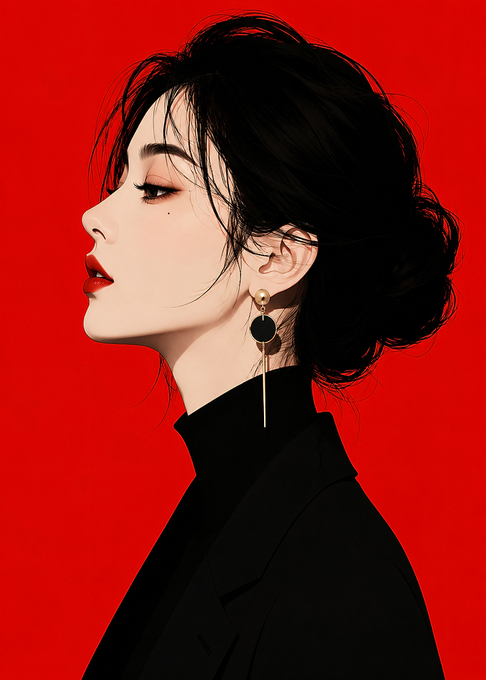Elegant Woman in Black on Red Background