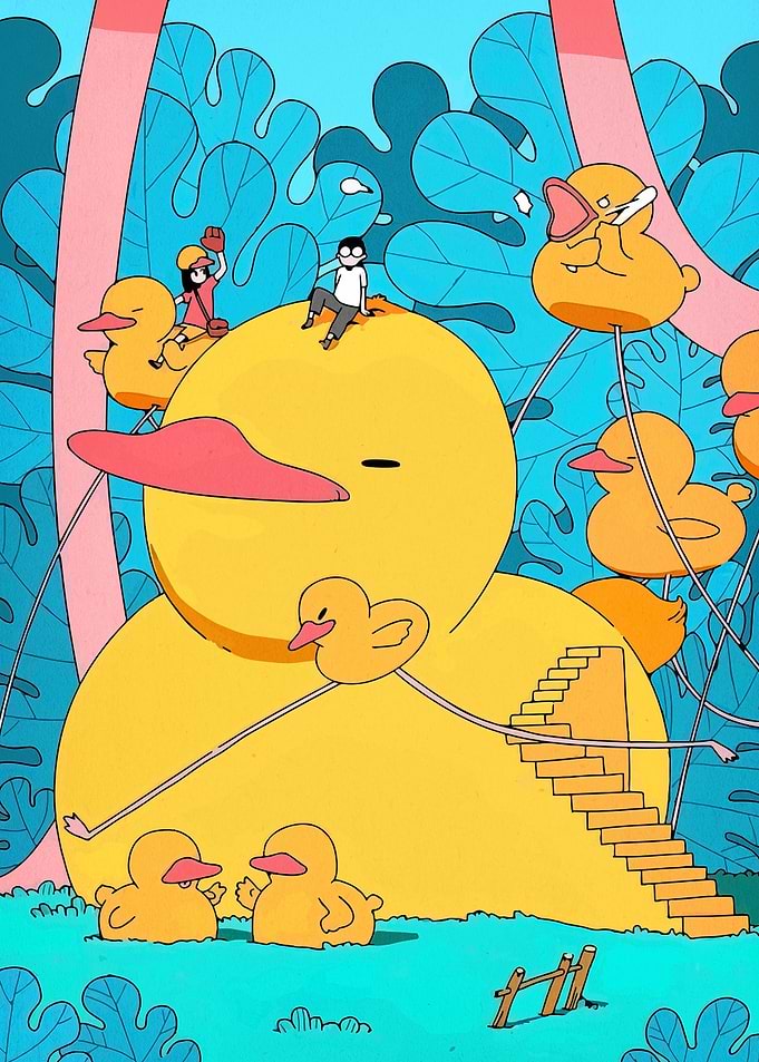 Giant Rubber Duck with Tiny Ducks and People