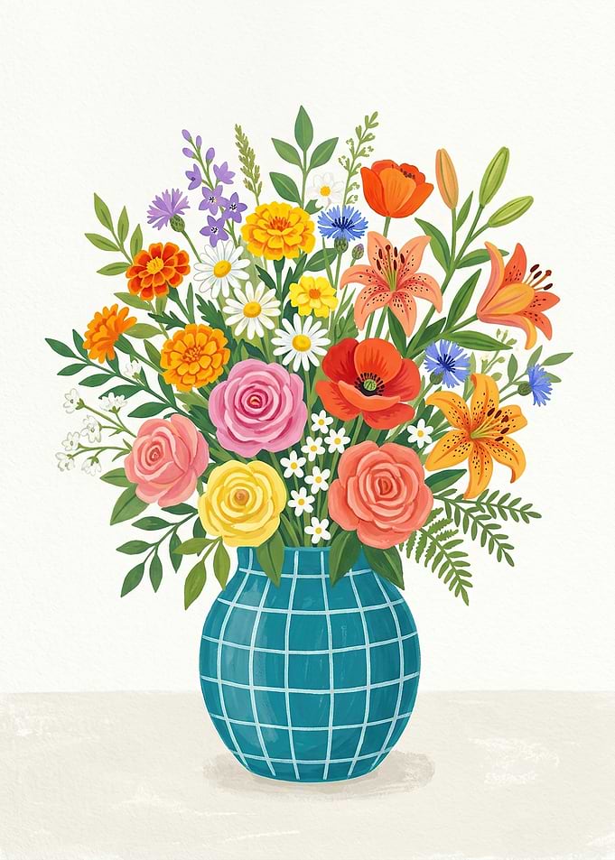 Vibrant Bouquet in a Blue Grid Vase