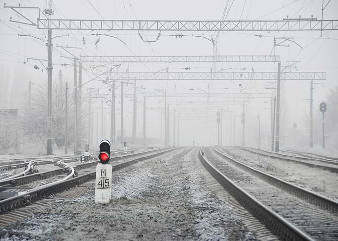 Winter Railway with Red Signal