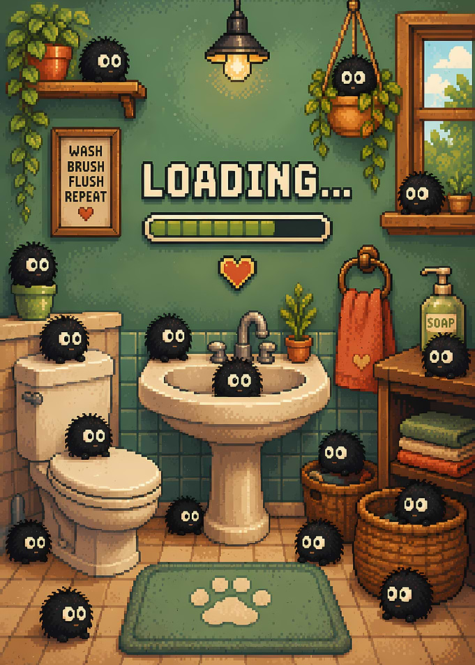 Cute Soot Sprites in a Bathroom Loading Screen
