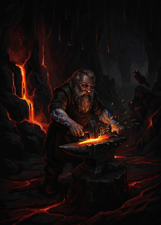 Dwarf Blacksmith Forging Metal in Lava Cave