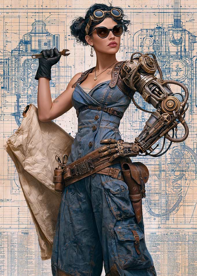 Steampunk Mechanic Woman with Prosthetic Arm