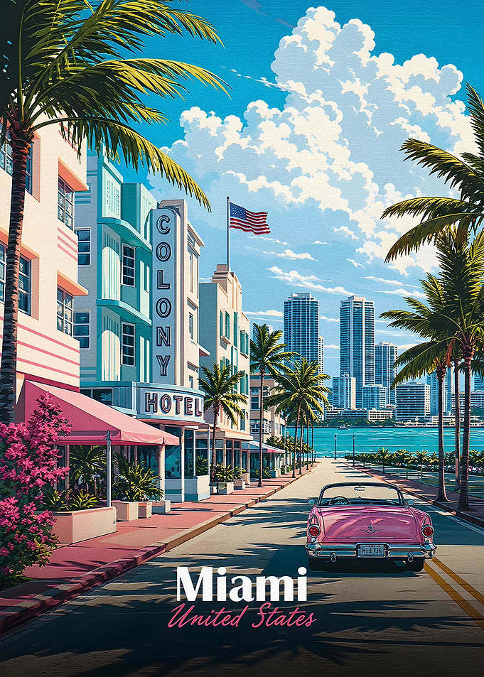 Miami Art Deco Scene with Classic Car