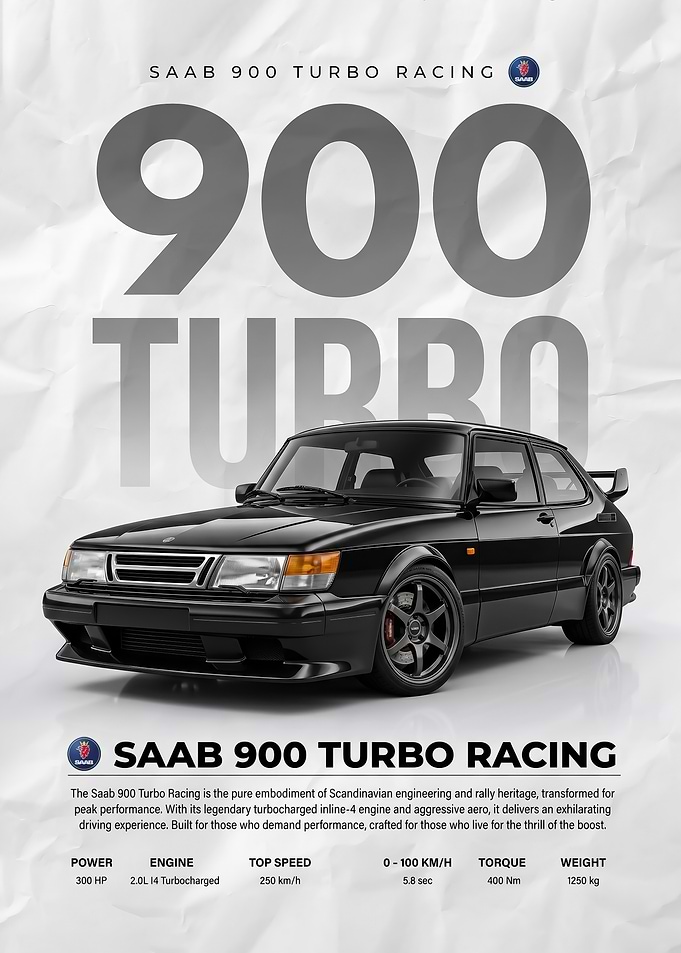 black Saab 900 Turbo Racing Poster