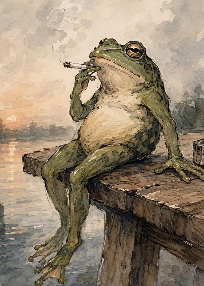 Frog smoking on a dock