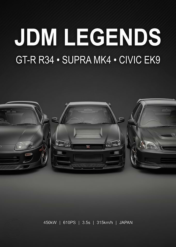 JDM Legends Cars r34 mk4 ek9 black Poster