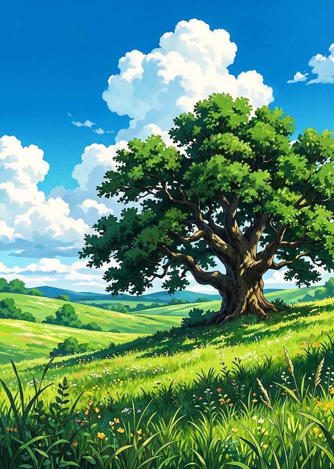 Vibrant Oak Tree in a Sunny Meadow