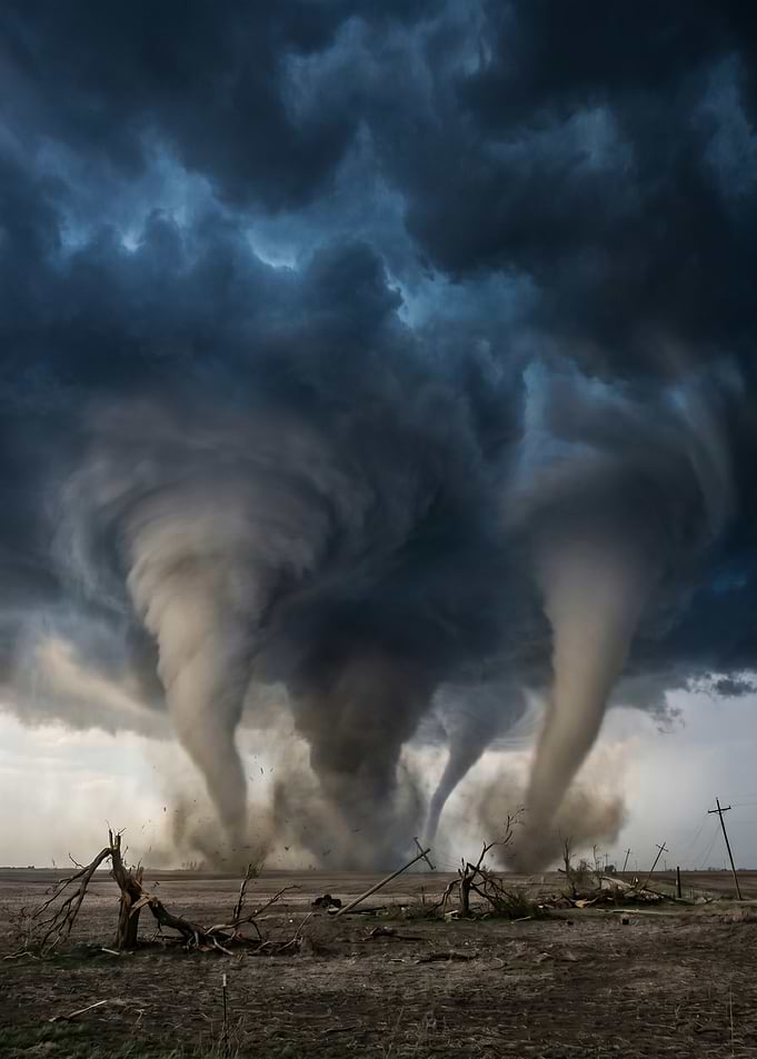 Multiple Tornadoes Over Barren Landscape