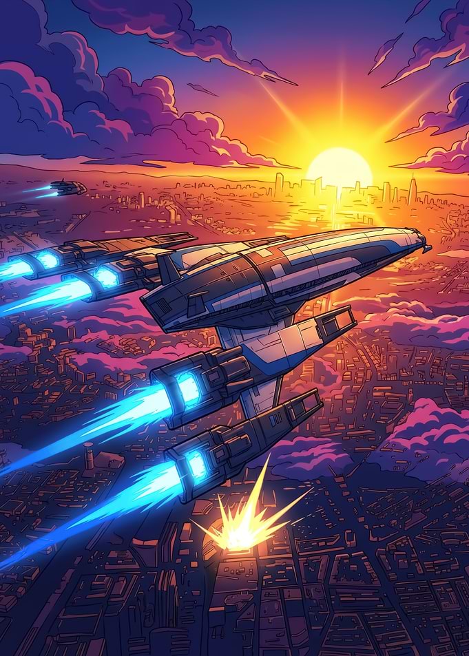 Spaceships flying over a city at sunset