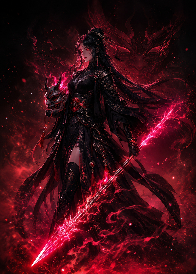 Dark Female Warrior with Mask and Spear