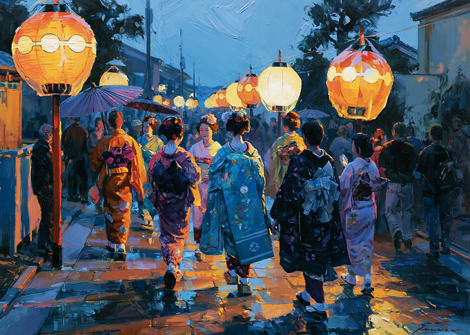 Geishas walking under lanterns at night