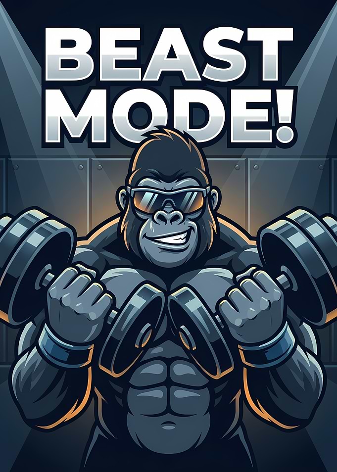 Beast Mode Gorilla – Muscular Cartoon Lifting Weights with Motivational Gym Theme