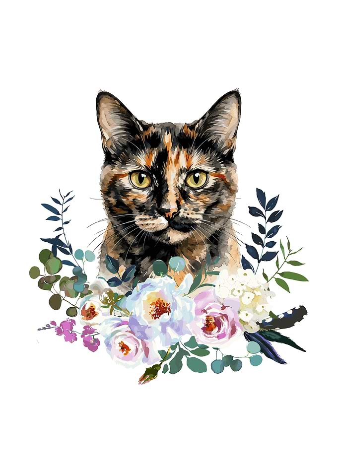 Tortoiseshell Cat with Flowers