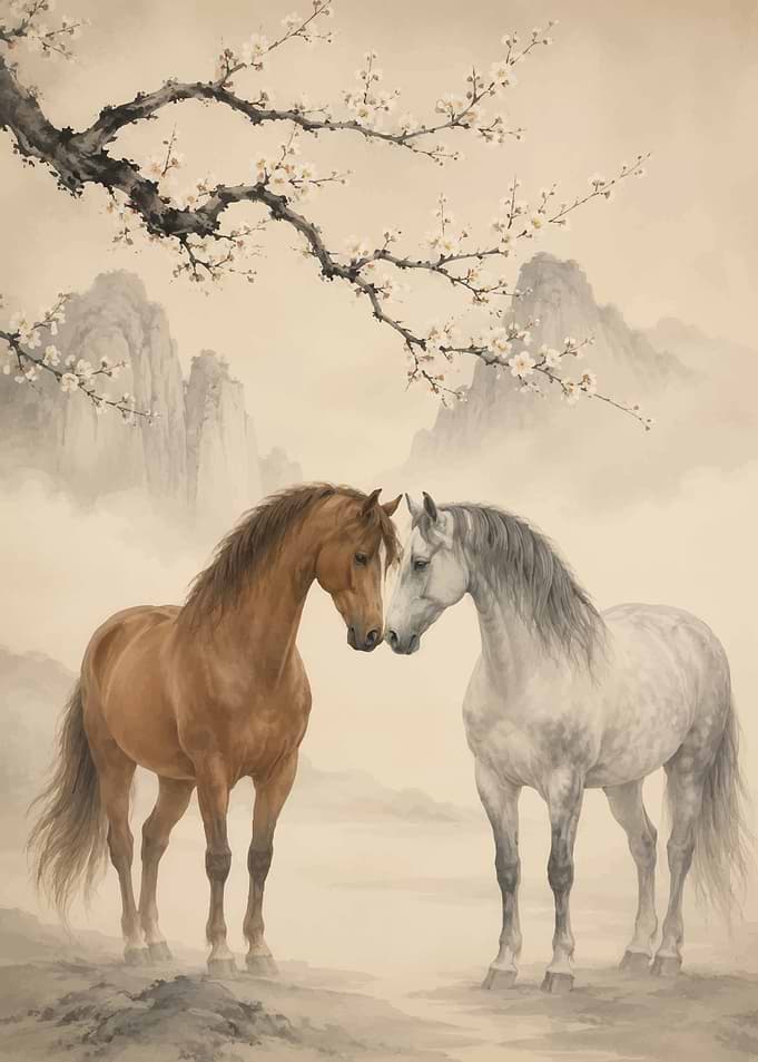 Two Horses Under Cherry Blossoms
