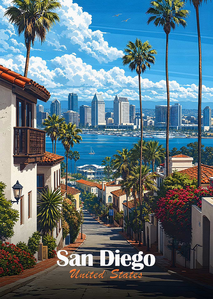 San Diego Skyline with Palm Trees