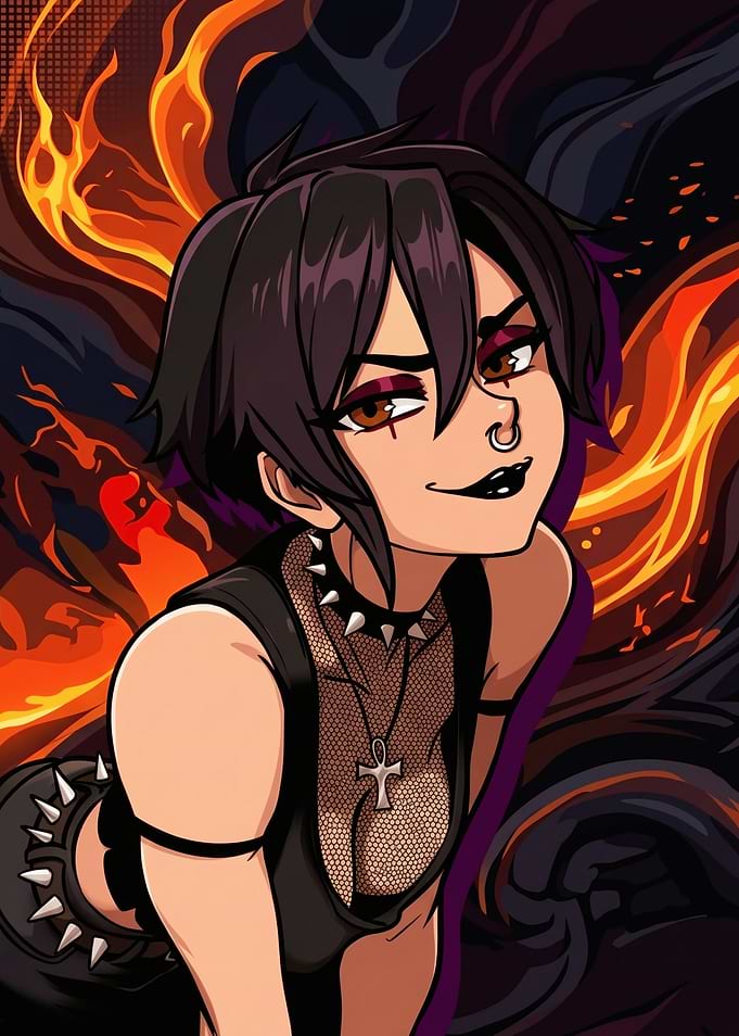 Gothic Anime Girl with Fiery Background