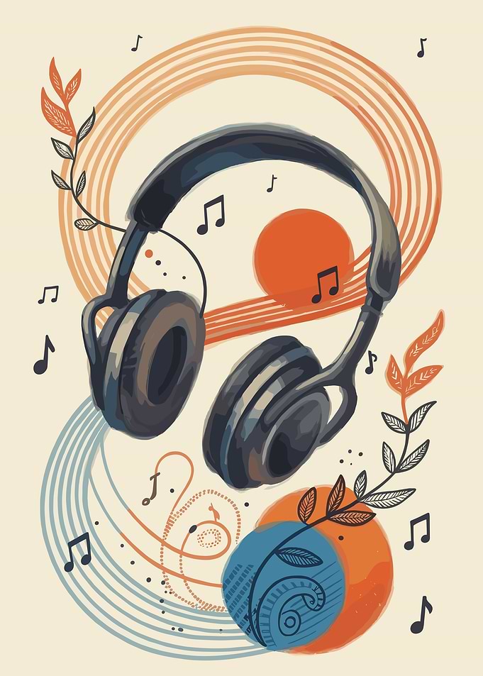 Headphones with Musical Notes and Floral Elements