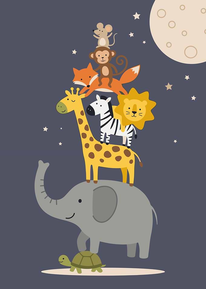 Stack of Cute Cartoon Animals Under the Moon