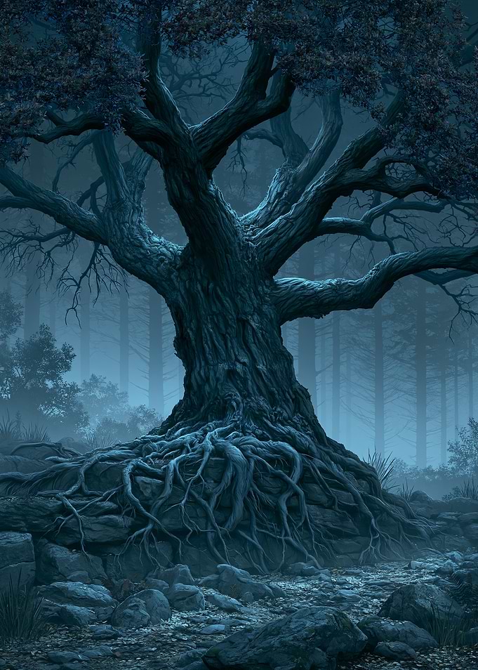 Ancient Gnarled Tree in Misty Forest