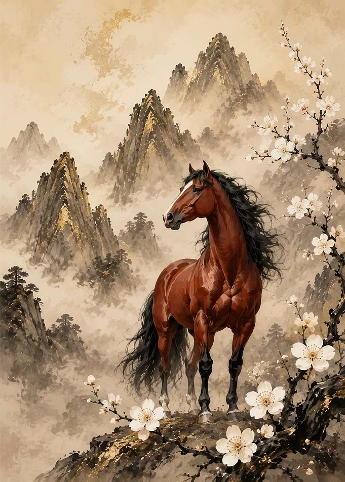 Majestic Horse in Misty Mountains