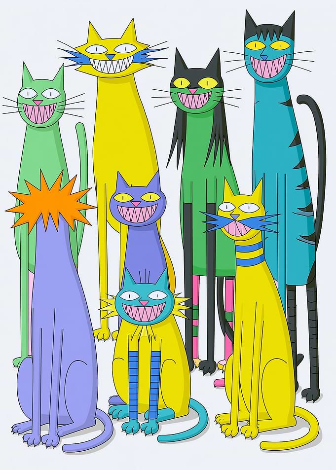 Group of Cartoon Cats with Grinning Faces