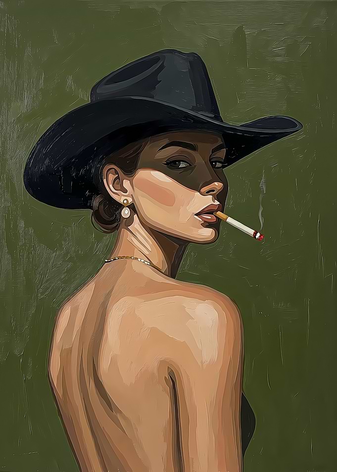 Cowgirl Smoking with Black Hat