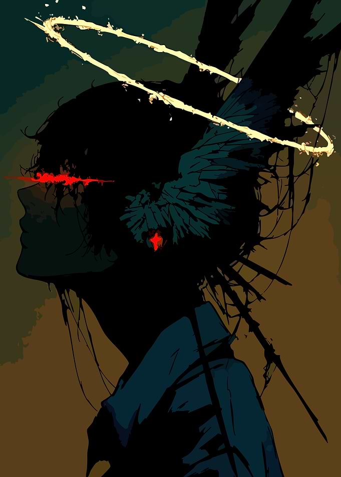 Dark Angel with Red Eyes and Halo