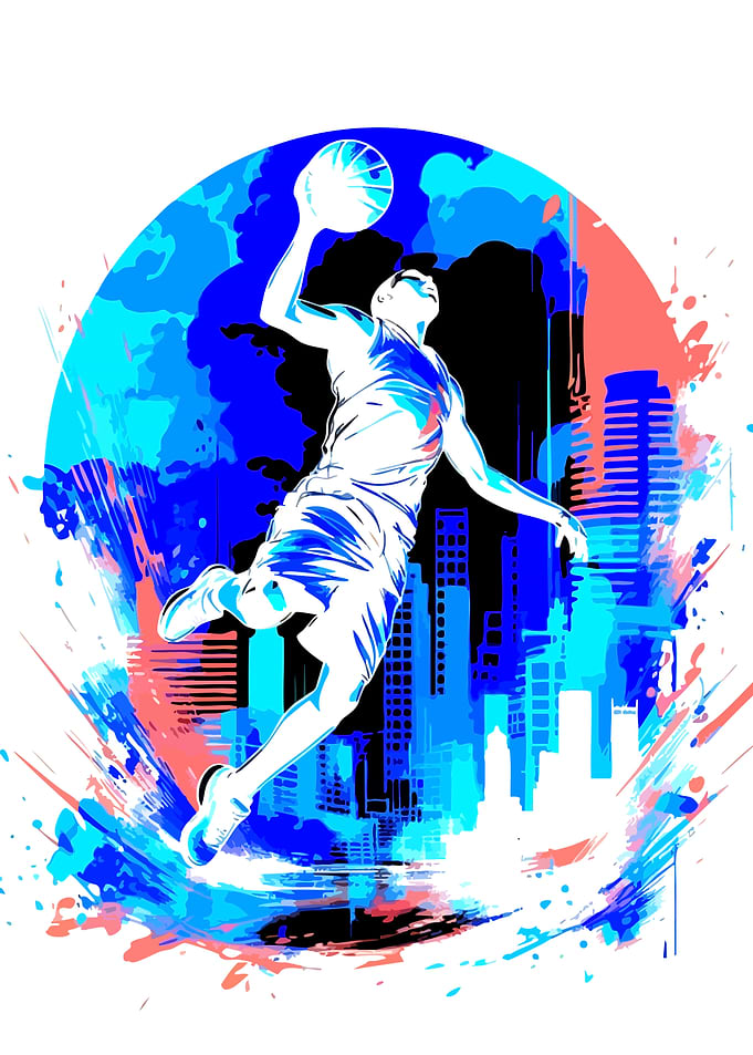 Basketball Player Dunking Over Cityscape